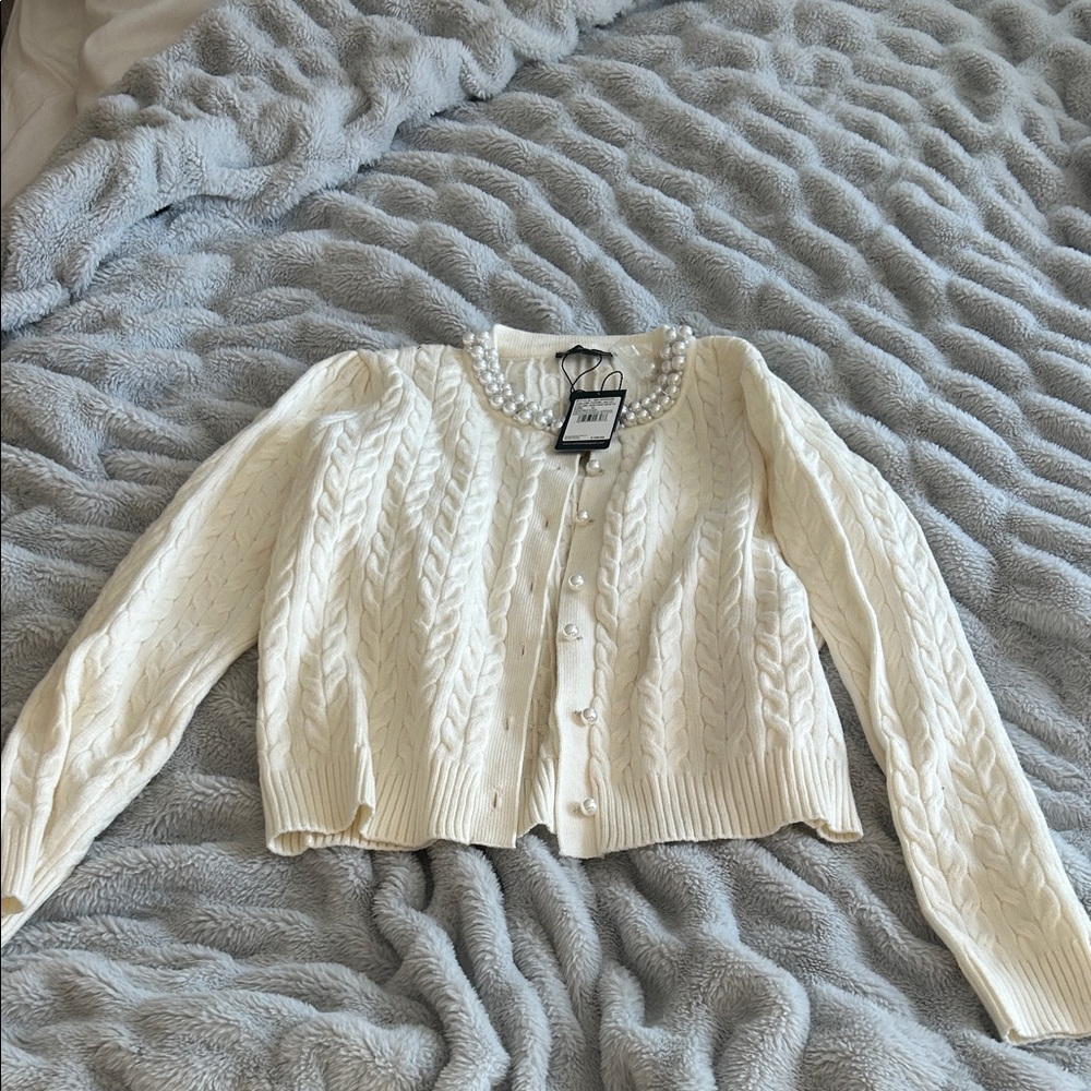 Adrianna Papell Cream Cable Knit Cardigan